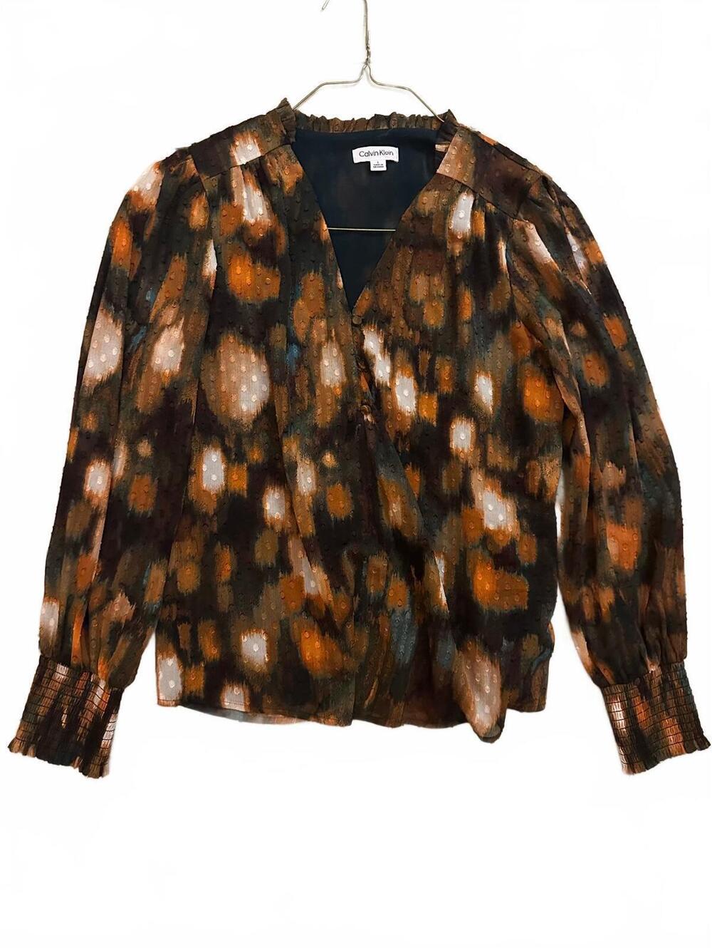 Calvin Klein Women's Long Sleeve V-Neck Blouse with Smocked Cuffs